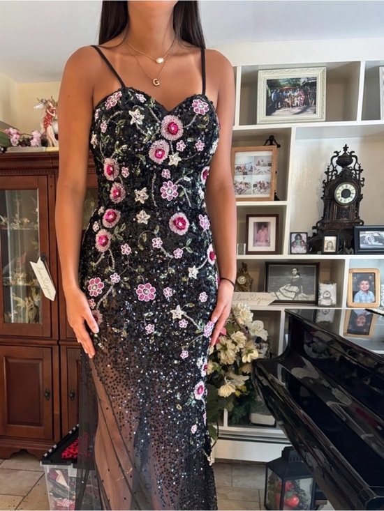 COLORS Dresses & Skirts - Black Beaded Evening Gown with Pink Floral Embroidery